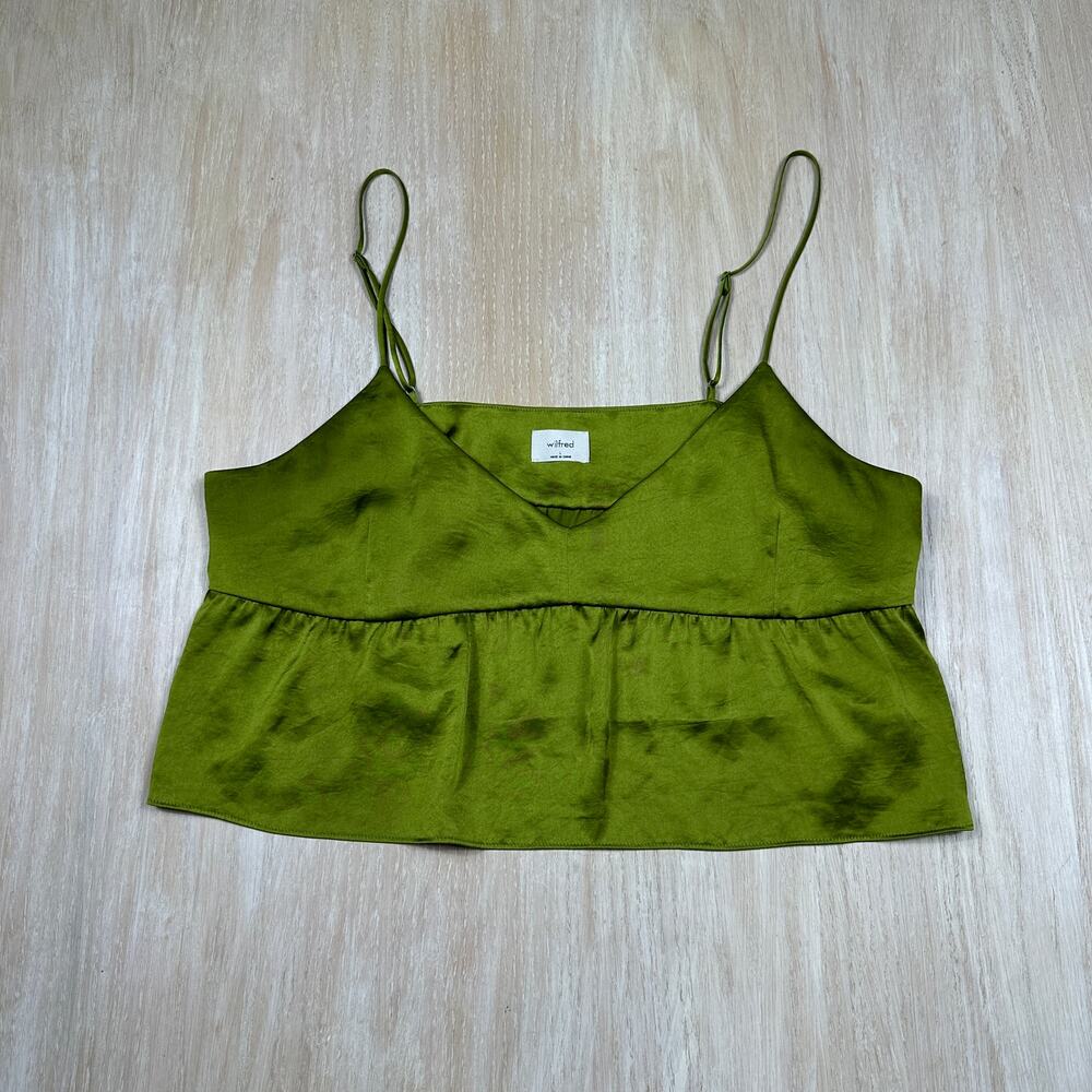 Wilfred Free Green Satin V-Neck Cropped Spaghetti Strap Elegant Camisole Large